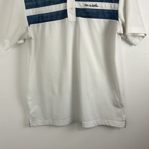 Travis Mathew White Polo Golf Shirt with Blue Front Stripe - Picture 2 of 9
